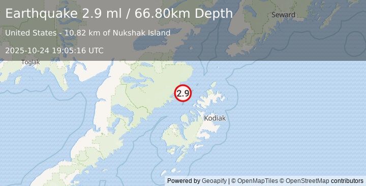 Earthquake 61 km WNW of Aleneva, Alaska (2.9 ml) (2025-10-24 19:05:16 UTC)