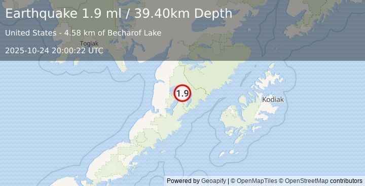 Earthquake 83 km ESE of Egegik, Alaska (1.9 ml) (2025-10-24 20:00:19 UTC)