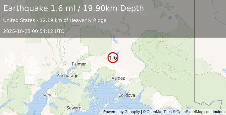 Earthquake 20 km S of Nelchina, Alaska (1.6 ml) (2025-10-25 00:54:12 UTC)