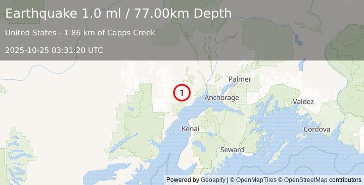 Earthquake 35 km NW of Beluga, Alaska (1.0 ml) (2025-10-25 03:31:20 UTC)
