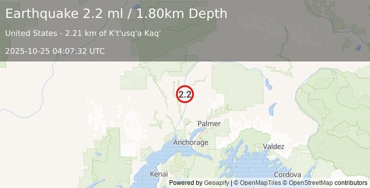 Earthquake 14 km SSE of Trapper Creek, Alaska (2.2 ml) (2025-10-25 04:07:32 UTC)