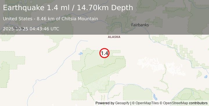 Earthquake 64 km WSW of Ferry, Alaska (1.4 ml) (2025-10-25 04:43:46 UTC)