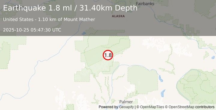 Earthquake 75 km ESE of Denali National Park, Alaska (1.8 ml) (2025-10-25 05:47:30 UTC)