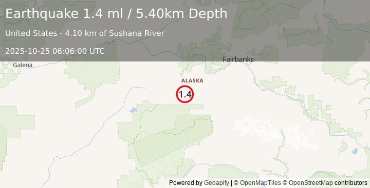 Earthquake 39 km W of Clear, Alaska (1.4 ml) (2025-10-25 06:06:00 UTC)
