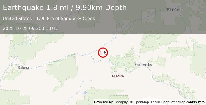 Earthquake 25 km NNW of Manley Hot Springs, Alaska (1.8 ml) (2025-10-25 09:20:01 UTC)