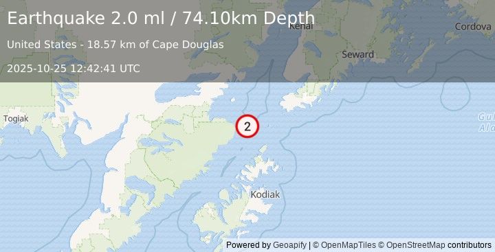 Earthquake 76 km SW of Nanwalek, Alaska (2.0 ml) (2025-10-25 12:42:41 UTC)