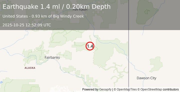 Earthquake 39 km SSE of Central, Alaska (1.4 ml) (2025-10-25 12:52:09 UTC)