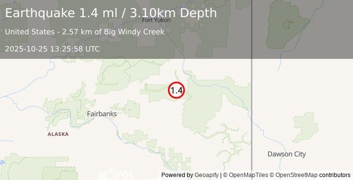 Earthquake 38 km SSE of Central, Alaska (1.4 ml) (2025-10-25 13:25:58 UTC)