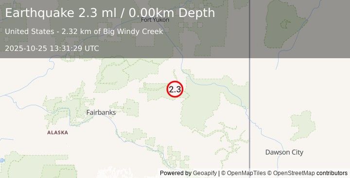 Earthquake 38 km SSE of Central, Alaska (2.3 ml) (2025-10-25 13:31:29 UTC)