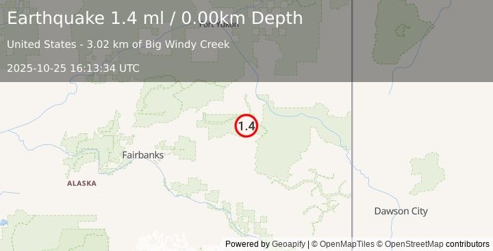 Earthquake 42 km SSE of Central, Alaska (1.4 ml) (2025-10-25 16:13:34 UTC)