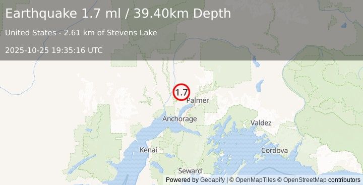 Earthquake 11 km E of Willow, Alaska (1.7 ml) (2025-10-25 19:35:16 UTC)