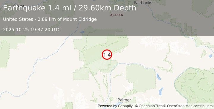 Earthquake 75 km NNE of Petersville, Alaska (1.4 ml) (2025-10-25 19:37:20 UTC)