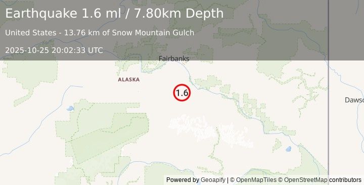 Earthquake 41 km WSW of Harding-Birch Lakes, Alaska (1.6 ml) (2025-10-25 20:02:33 UTC)