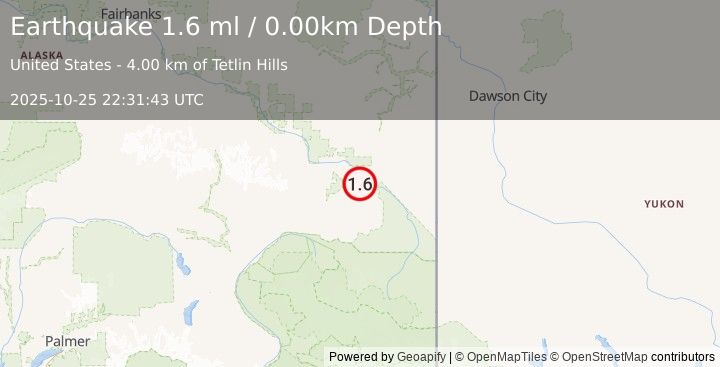 Earthquake 10 km NW of Tetlin, Alaska (1.6 ml) (2025-10-25 22:31:43 UTC)