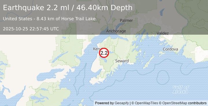 Earthquake 12 km SSW of Funny River, Alaska (2.2 ml) (2025-10-25 22:57:45 UTC)