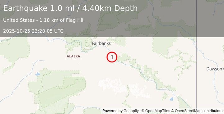 Earthquake 11 km SSW of Salcha, Alaska (1.0 ml) (2025-10-25 23:20:05 UTC)