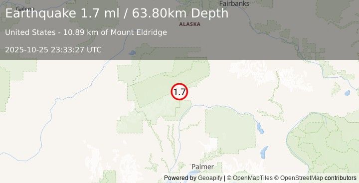 Earthquake 65 km WSW of Cantwell, Alaska (1.7 ml) (2025-10-25 23:33:27 UTC)