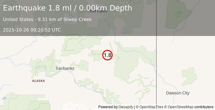 Earthquake 37 km SSE of Central, Alaska (1.8 ml) (2025-10-26 00:20:52 UTC)