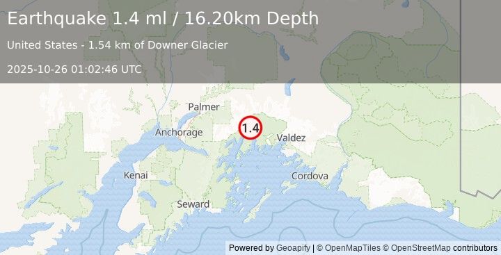 Earthquake 58 km S of Glacier View, Alaska (1.4 ml) (2025-10-26 01:02:46 UTC)