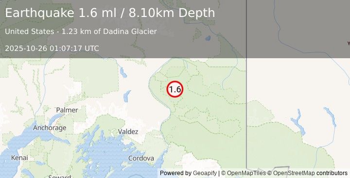 Earthquake 52 km NE of Kenny Lake, Alaska (1.6 ml) (2025-10-26 01:07:17 UTC)