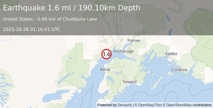 Earthquake 5 km SW of Beluga, Alaska (1.6 ml) (2025-10-26 01:16:01 UTC)
