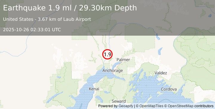 Earthquake 12 km WNW of Willow, Alaska (1.9 ml) (2025-10-26 02:33:01 UTC)