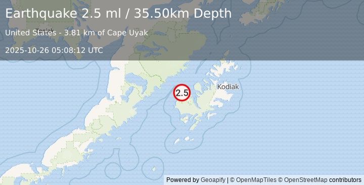 Earthquake 9 km NNE of Karluk, Alaska (2.5 ml) (2025-10-26 05:08:12 UTC)