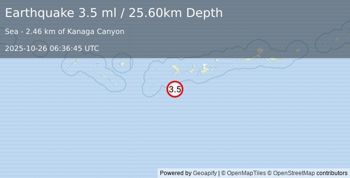 Earthquake 117 km SW of Adak, Alaska (3.5 ml) (2025-10-26 06:36:45 UTC)