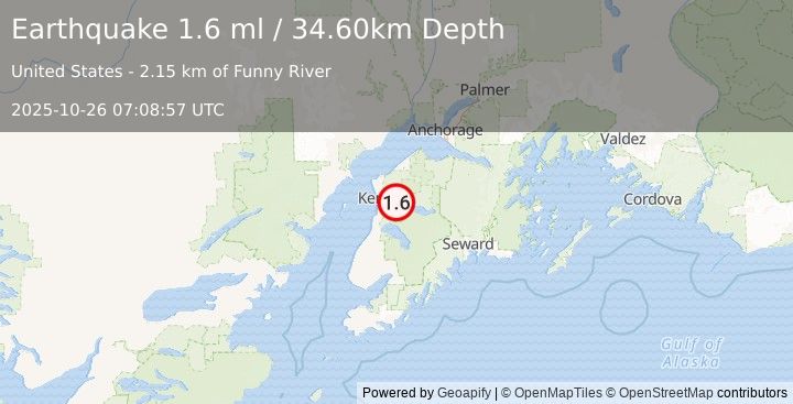 Earthquake 5 km W of Funny River, Alaska (1.6 ml) (2025-10-26 07:08:57 UTC)