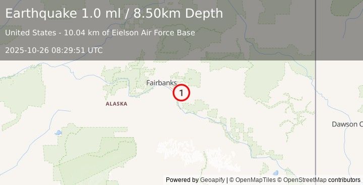 Earthquake 10 km E of Eielson Air Force Base, Alaska (1.0 ml) (2025-10-26 08:29:51 UTC)