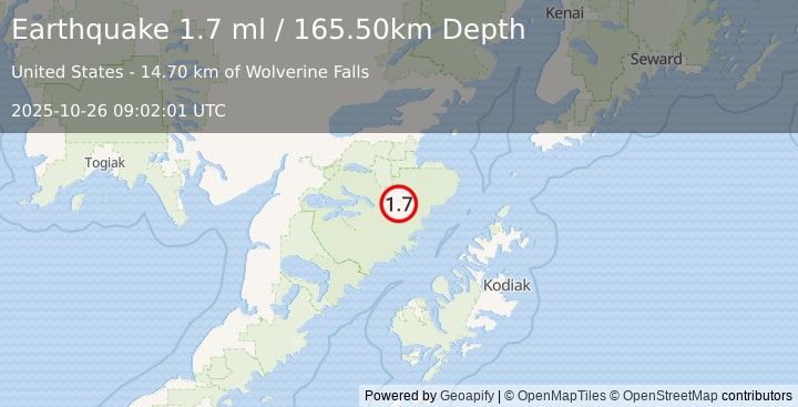 Earthquake 90 km S of Kokhanok, Alaska (1.7 ml) (2025-10-26 09:02:01 UTC)