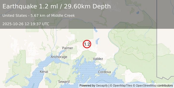 Earthquake 16 km ESE of Glacier View, Alaska (1.2 ml) (2025-10-26 12:19:37 UTC)