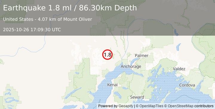 Earthquake 41 km SSW of Skwentna, Alaska (1.8 ml) (2025-10-26 17:09:30 UTC)