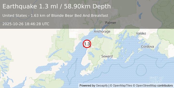 Earthquake 4 km SSE of Nikiski, Alaska (1.3 ml) (2025-10-26 18:46:28 UTC)