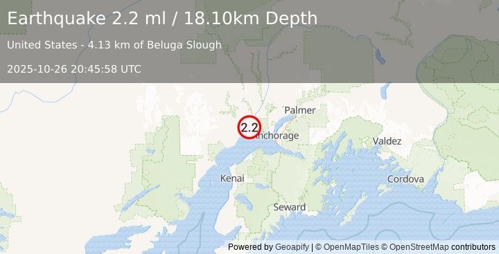 Earthquake 24 km SSW of Susitna, Alaska (2.2 ml) (2025-10-26 20:45:58 UTC)