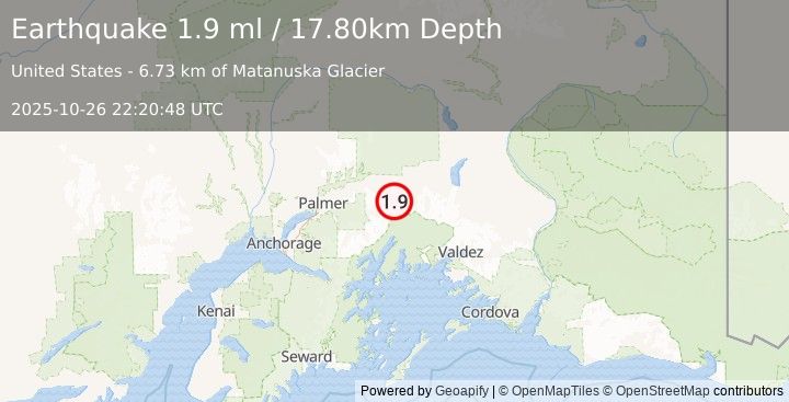 Earthquake 21 km S of Glacier View, Alaska (1.9 ml) (2025-10-26 22:20:48 UTC)
