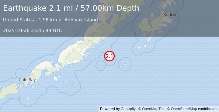 Earthquake 103 km E of Chignik, Alaska (2.1 ml) (2025-10-26 23:45:43 UTC)
