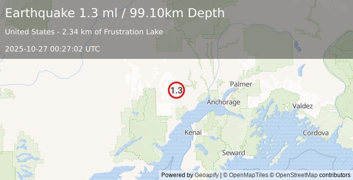 Earthquake 61 km NW of Beluga, Alaska (1.3 ml) (2025-10-27 00:27:02 UTC)