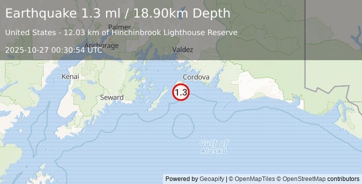 Earthquake 51 km SW of Cordova, Alaska (1.3 ml) (2025-10-27 00:30:54 UTC)