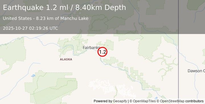 Earthquake 9 km ENE of Eielson Air Force Base, Alaska (1.2 ml) (2025-10-27 02:19:26 UTC)