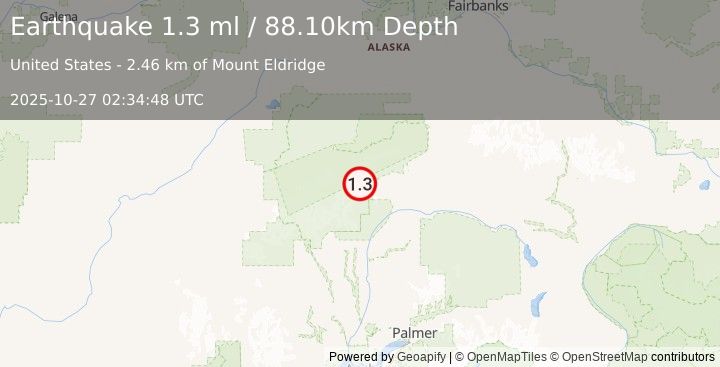 Earthquake 73 km NNE of Petersville, Alaska (1.3 ml) (2025-10-27 02:34:48 UTC)