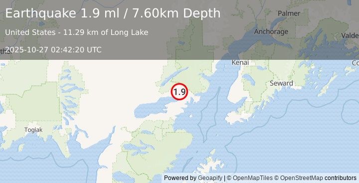 Earthquake 17 km NE of Pedro Bay, Alaska (1.9 ml) (2025-10-27 02:42:20 UTC)