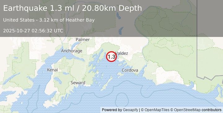 Earthquake 26 km NW of Tatitlek, Alaska (1.3 ml) (2025-10-27 02:56:32 UTC)
