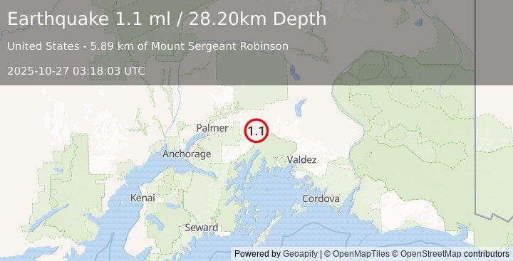 Earthquake 28 km S of Glacier View, Alaska (1.1 ml) (2025-10-27 03:18:03 UTC)
