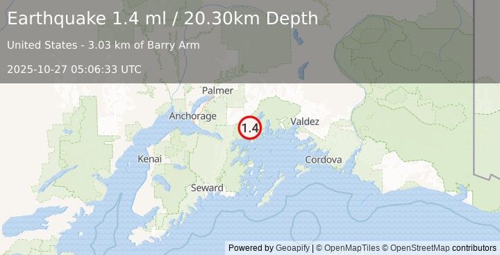Earthquake 43 km NE of Whittier, Alaska (1.4 ml) (2025-10-27 05:06:33 UTC)