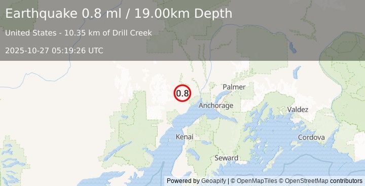 Earthquake 39 km NNW of Beluga, Alaska (0.8 ml) (2025-10-27 05:19:26 UTC)