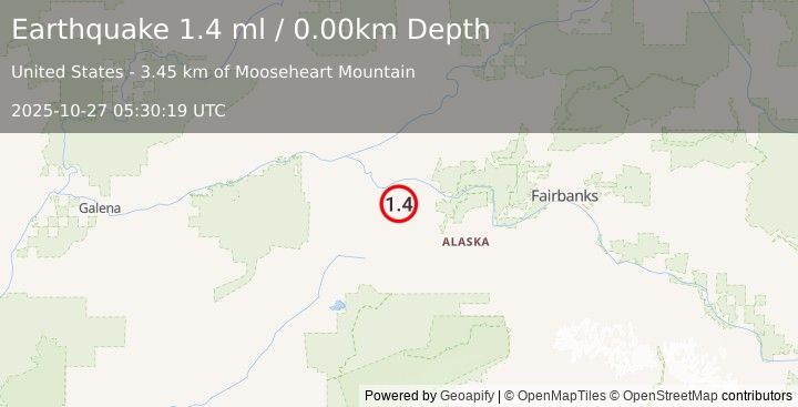 Earthquake 31 km SSW of Manley Hot Springs, Alaska (1.4 ml) (2025-10-27 05:30:19 UTC)