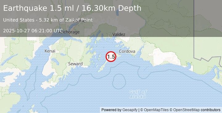 Earthquake 58 km SSW of Tatitlek, Alaska (1.5 ml) (2025-10-27 06:21:00 UTC)
