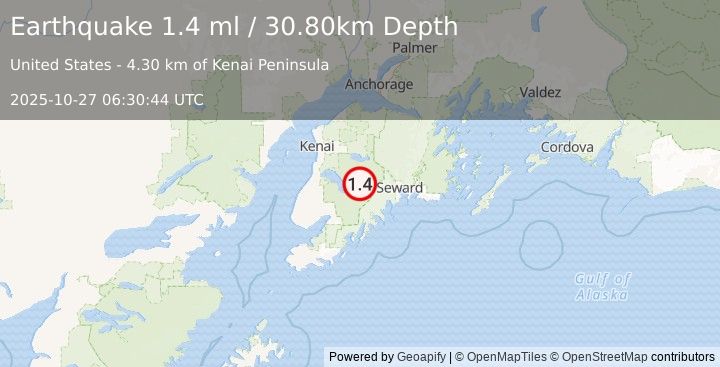 Earthquake 47 km SW of Cooper Landing, Alaska (1.4 ml) (2025-10-27 06:30:44 UTC)