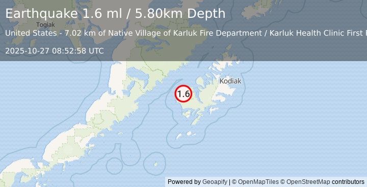 Earthquake 8 km SSE of Karluk, Alaska (1.6 ml) (2025-10-27 08:52:58 UTC)
